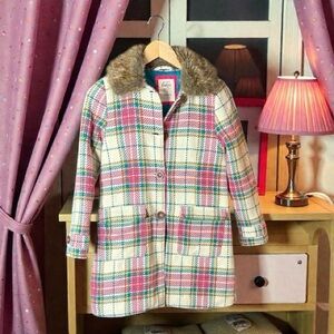 Mini Boden Plaid Coat with Removable Faux Fur Collar Size 11/12